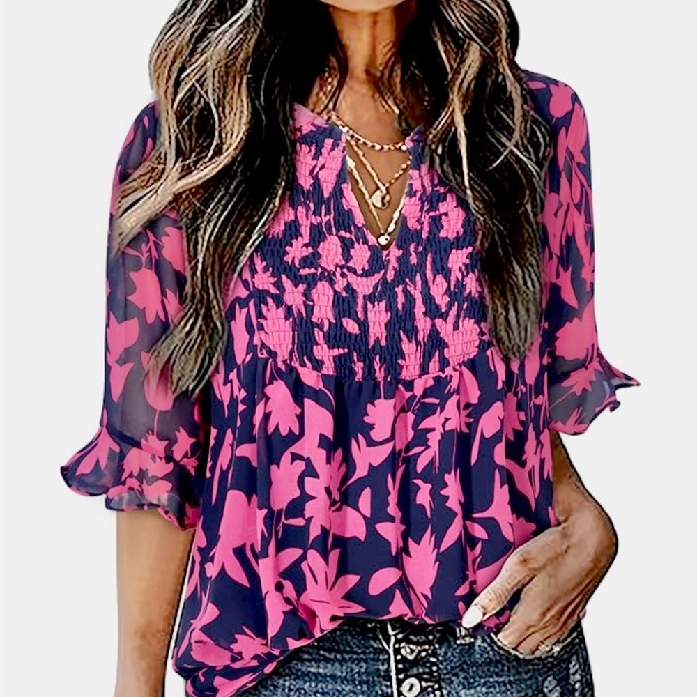New Flowy Chiffon Peasant Top Ruffles Pleated Neck Women’s Floral Navy Magenta L